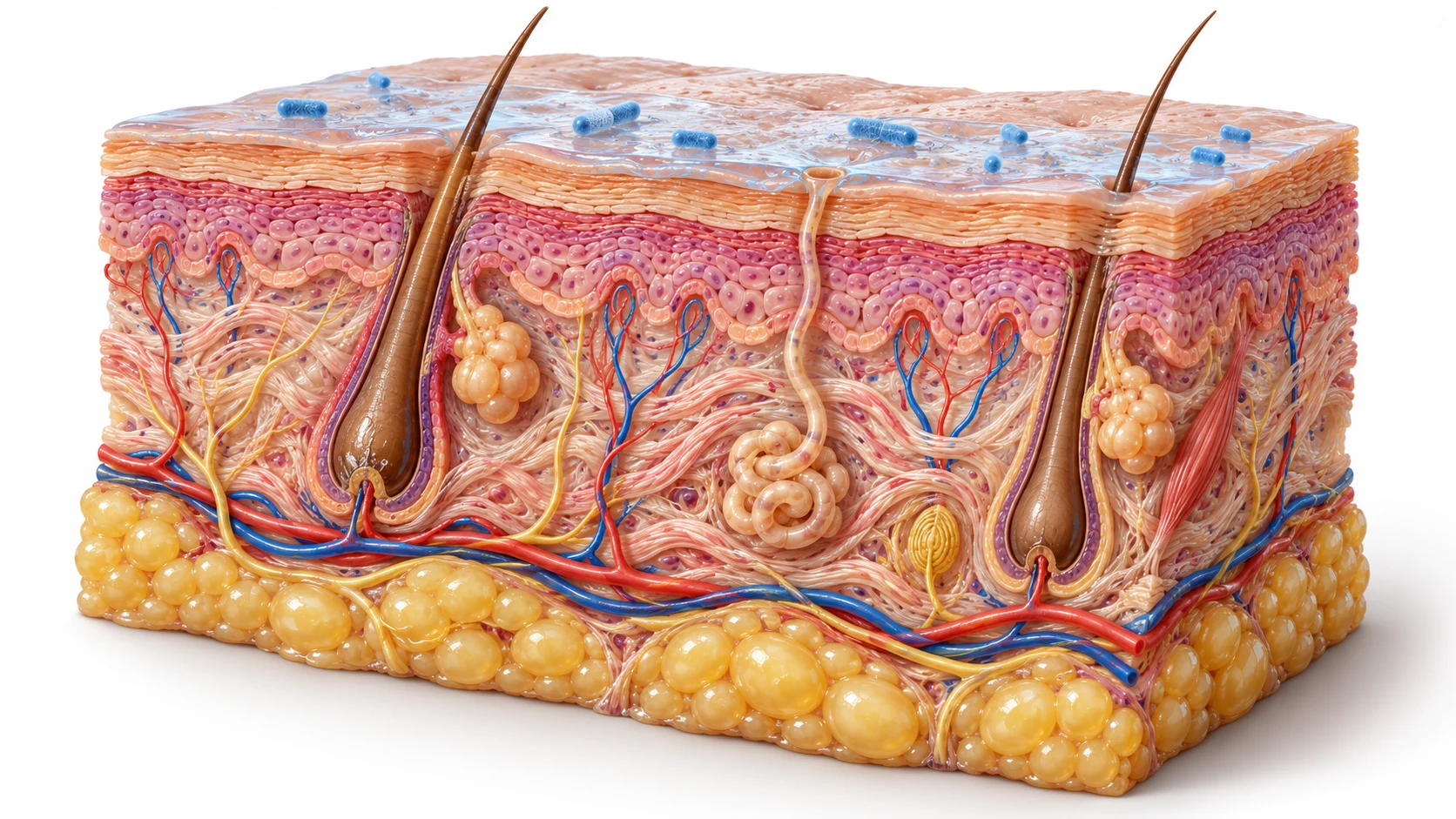 Cilt katmanlarının kesit illüstrasyonu: epidermis, dermis, hipodermis, kıl kökü, yağ ve ter bezleri, damarlar ve yağ hücreleri